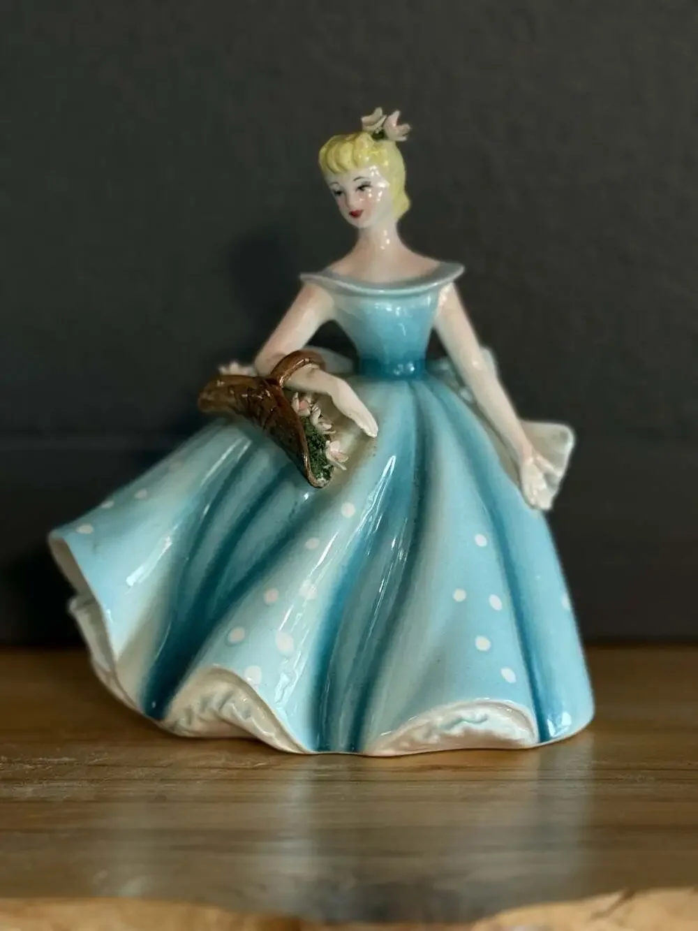 Lefton Dancer Lady Vase, Blue Dress with White Polka Dots